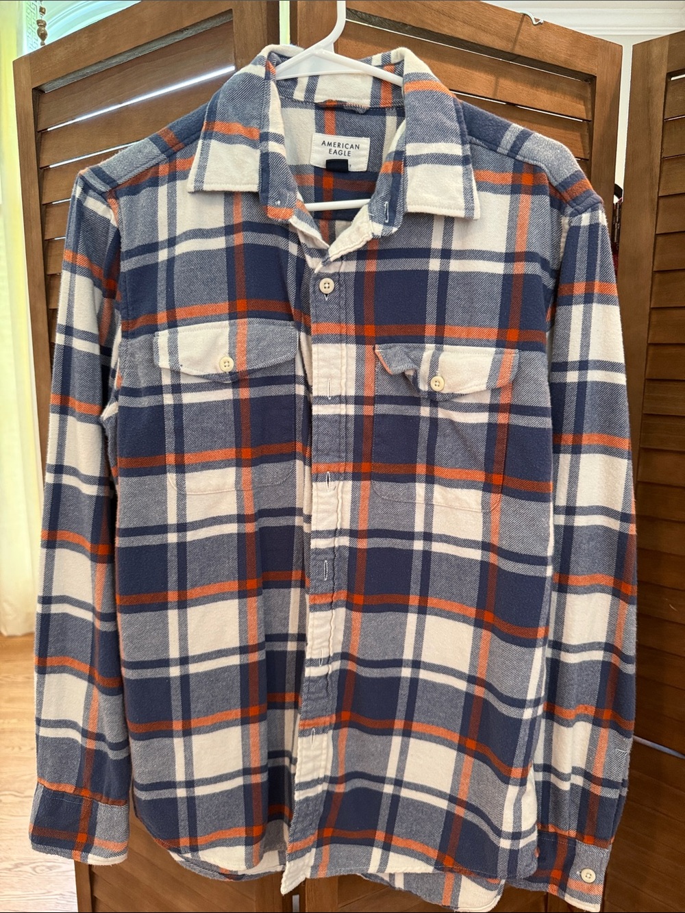 American Eagle Outfitters Blue, White & Orange Plaid Flannel Shirt